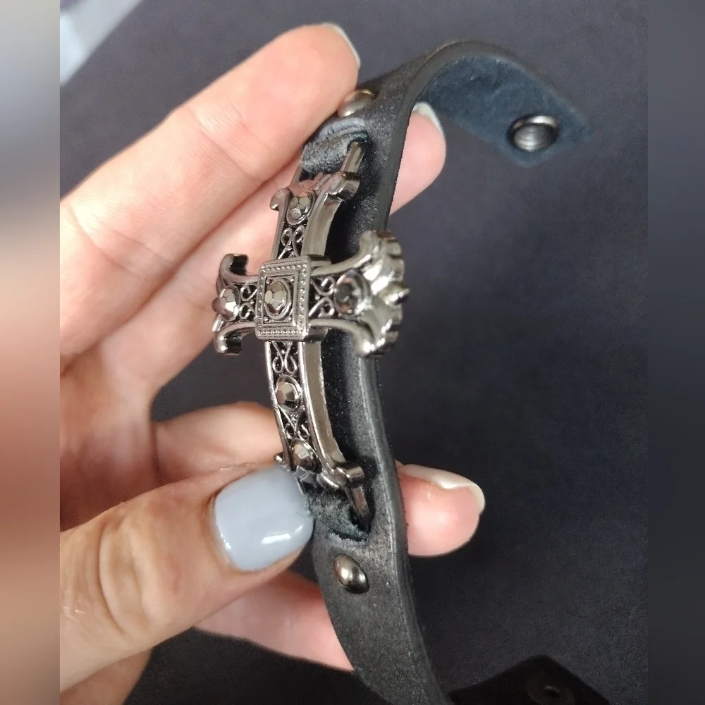 Genuine Leather Cross Cruficix Religious Bracelet